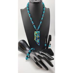 Dichroic Glass Necklace Set Blue Iridescent Pendant Beaded
